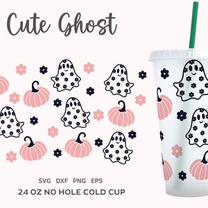 CUTE HALLOWEEN SVG For Cold Cup 24oz, No Hole Retro Halloween Wrap, Pumpkin Cricut Cut File, Ghost Cold Cup Png