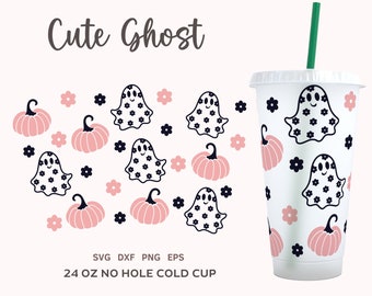 24 オンスのコールド カップ用のかわいいハロウィーン SVG、穴なしのレトロなハロウィーン ラップ、パンプキン Cricut カット ファイル、ゴースト コールド カップ PNG