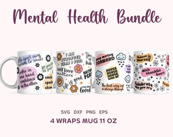 Paquete de tazas de salud mental SVG, Taza de amor propio 11oz Svg, Envolturas de afirmaciones diarias motivacionales SVG, Archivo de corte Cricut, Taza 11oz PNG