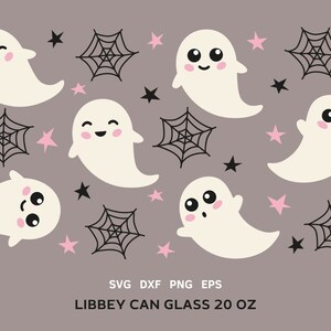 May include: A digital design featuring cute cartoon ghosts with different expressions, black spiderwebs, and pink stars on a gray background. The text "LIBBEY CAN GLASS 20 OZ" is at the bottom of the design.