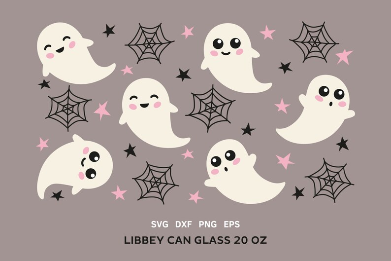 May include: A digital design featuring cute cartoon ghosts with different expressions, black spiderwebs, and pink stars on a gray background. The text "LIBBEY CAN GLASS 20 OZ" is at the bottom of the design.