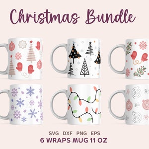 6 modèles de tasses de Noël SVG, Tasse de Noël 11oz Wrap Svg, Wraps de Noël SVG, Cricut Cut File, Tasse à café de Noël PNG