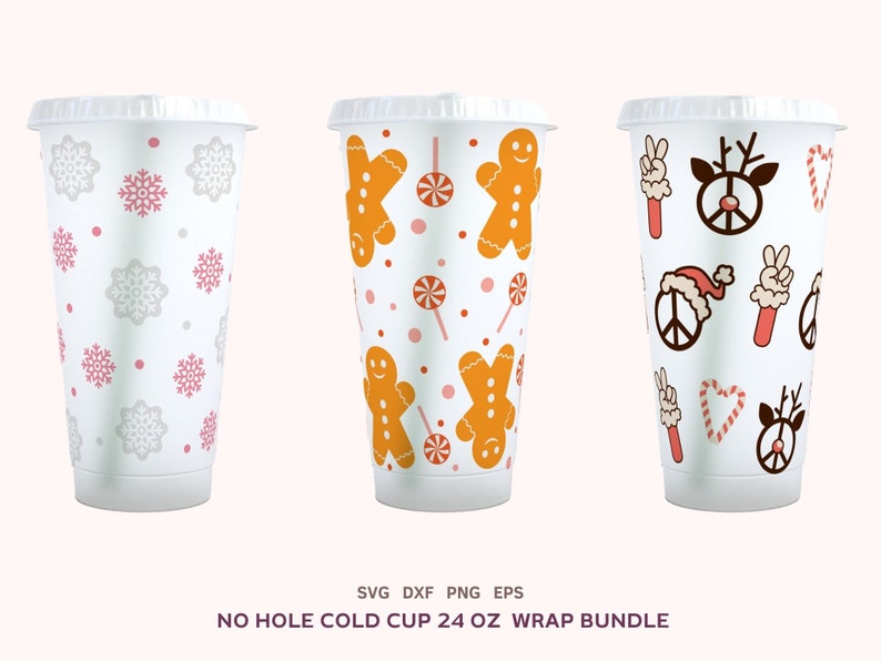 12 Christmas Cold Cup 24oz Designs Bundle, No Hole Xmas Full Wrap Svg, Christmas Sublimation Png, Cricut Cut File, Dxf, Eps
