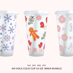 12 Christmas Cold Cup 24oz Designs Bundle, No Hole Xmas Full Wrap Svg, Christmas Sublimation Png, Cricut Cut File, Dxf, Eps