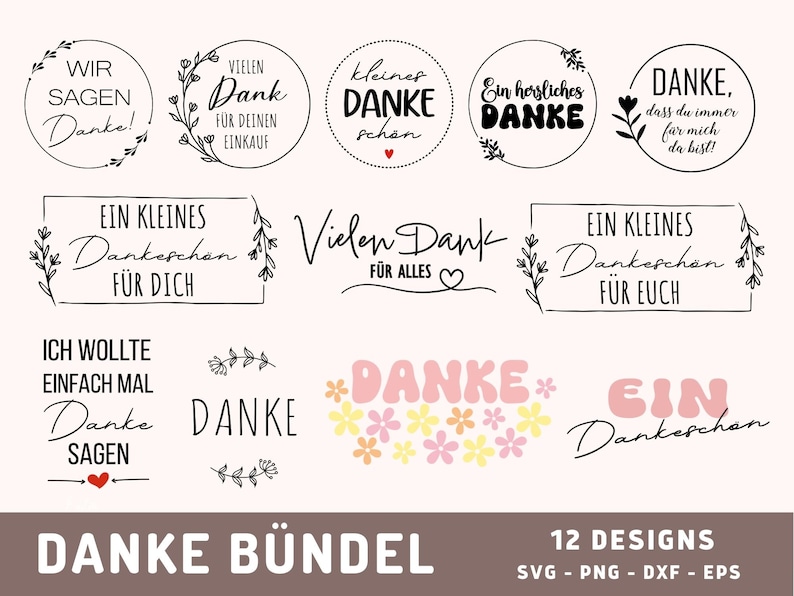 K&ouml;nnte beinhalten: Ein Set mit 12 Dankes-Designs in Schwarzwei&szlig; mit floralen Akzenten. Die Designs beinhalten S&auml;tze wie "Wir sagen Danke", "Vielen Dank", "Ein kleines Dankesch&ouml;n" und "Danke, dass du immer f&uuml;r mich da bist!" Die Designs sind perfekt zum Erstellen von Dankeskarten, Etiketten oder Aufklebern.