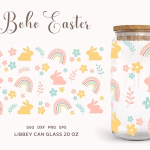 Boho Ostern Libbey Dose Glasverpackung, 20oz Pastell Osterhase Bierdose aus Glas SVG, PNG, Dxf, Eps inc.