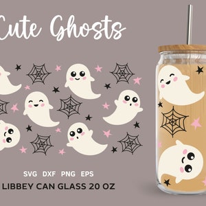 May include: Cute Ghosts design for a 20 oz. Libbey can glass. The design features white ghosts with black eyes and pink cheeks, black spiderwebs, and pink stars on a light brown background.