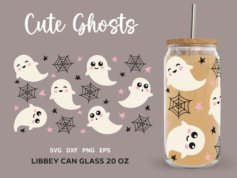 May include: Cute Ghosts design for a 20 oz. Libbey can glass. The design features white ghosts with black eyes and pink cheeks, black spiderwebs, and pink stars on a light brown background.