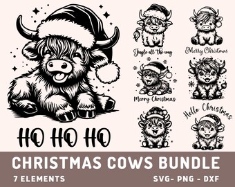 May include: A set of seven black and white digital illustrations of Highland cows wearing Santa hats. The illustrations include the text "Jingle all the way", "Merry Christmas", "Merry Christmas", "Hello Christmas", and "HO HO HO".