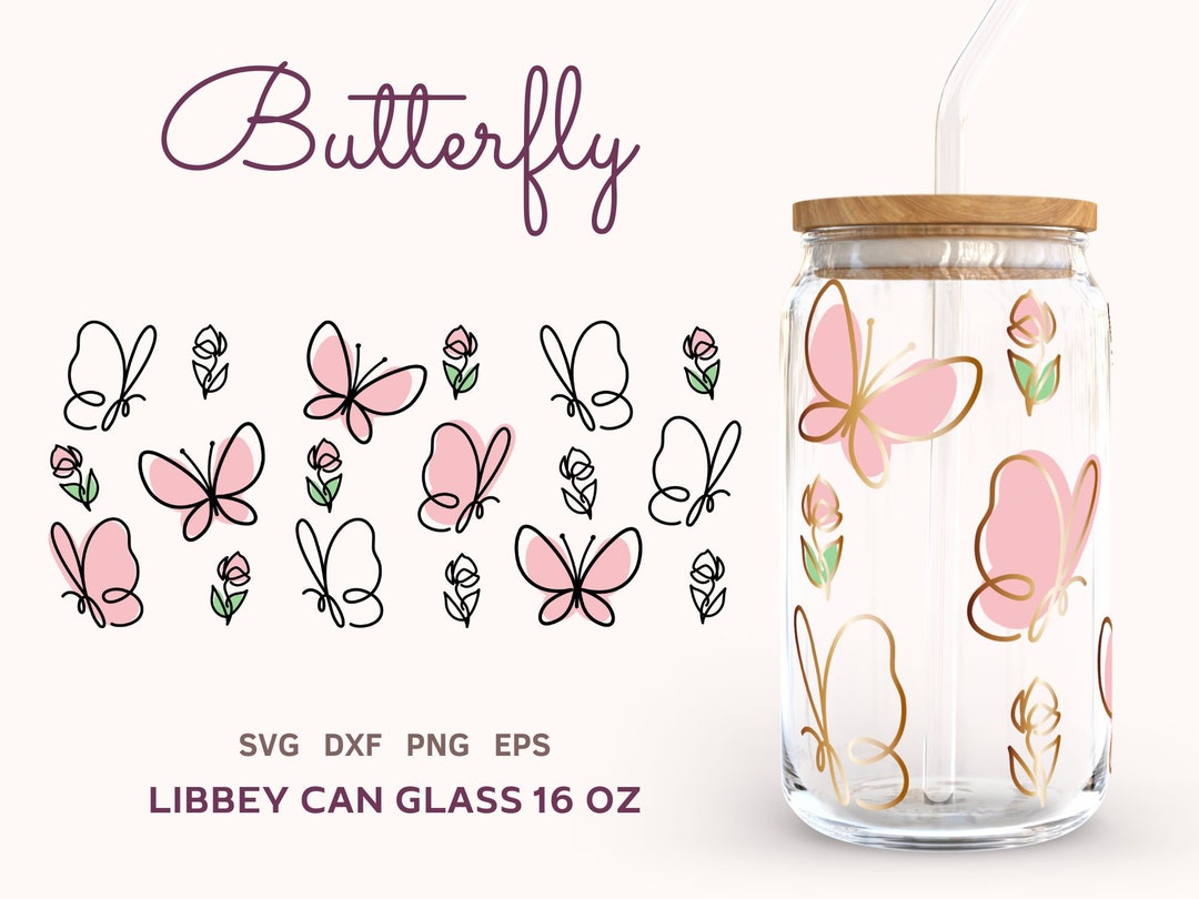BUTTERFLY SVG WRAP Libbey Glass Can 16oz, Line Art Glass Can Svg ...