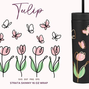 FLORAL BUTTERFLY Strata Tumbler SVG, Tulip Strata Skinny 16oz Svg Wrap, Spring Flower Coffee Cup Svg, Floral Cricut Cut File Svg