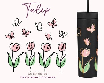 FLORAL BUTTERFLY Strata Tumbler SVG, Tulip Strata Skinny 16oz Svg Wrap, Spring Flower Coffee Cup Svg, Floral Cricut Cut File Svg