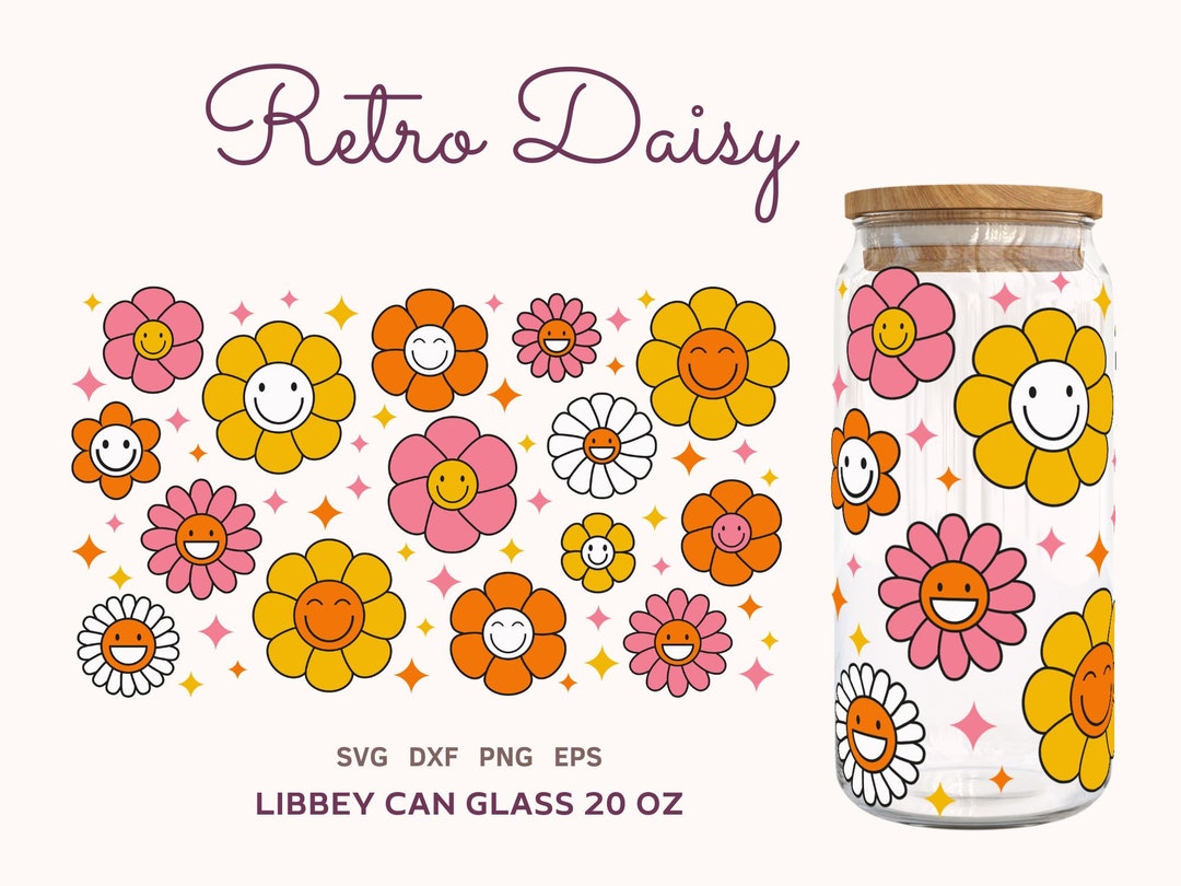 Retro Daisy SVG Wrap Libbey Can Glass 20 Oz, Groovy Beer Can Glass Svg ...