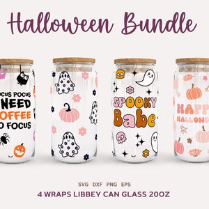 4 Halloween Can Glass Wraps SVG, 20oz Libbey Can Glass SVG, Halloween Bundle Can Glass Svg, Halloween Can Glass PNG