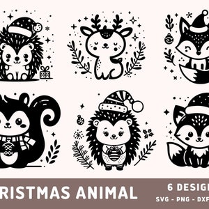 Animales del bosque navideño SVG, Sublimación de adornos de invierno Doodle, Archivo de corte Cricut