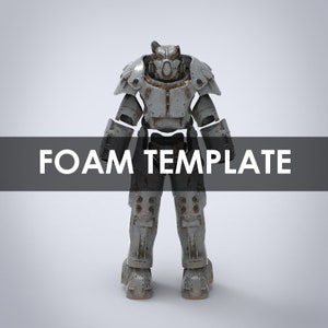 May include: A gray and silver power armor suit with a helmet and a black text overlay that reads "FOAM TEMPLATE".