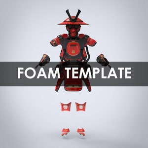 May include: A red and black foam template of a robot wearing samurai armor. The template is made up of multiple pieces, including the head, torso, arms, and legs. The robot is wearing a helmet with a visor and a red and black samurai helmet. The template is labeled "FOAM TEMPLATE".