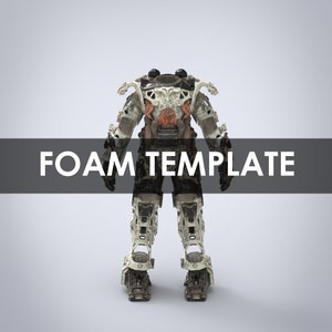May include: A white and gray foam template of a robot suit with a black base. The suit has a detailed design with a variety of textures and shapes. The text "FOAM TEMPLATE" is printed across the bottom of the image.