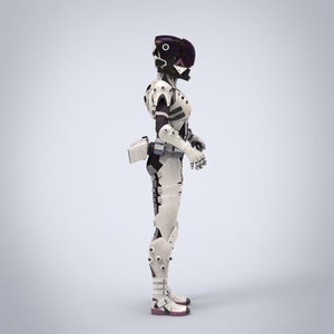 May include: A white and black futuristic robot suit with purple accents. The robot suit has a helmet with a visor and is standing on a light gray background.