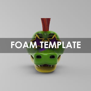 May include: Green foam crocodile head with a red mohawk, wearing purple and gold star-shaped sunglasses. The crocodile has a toothy grin and a purple lightning bolt painted on its face.  The text "FOAM TEMPLATE" is displayed across the bottom of the image.