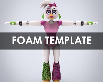 May include: A white, pink and green robot chicken with a pink bow in its hair. The robot chicken is standing with its arms outstretched. The text "FOAM TEMPLATE" is displayed below the robot chicken.