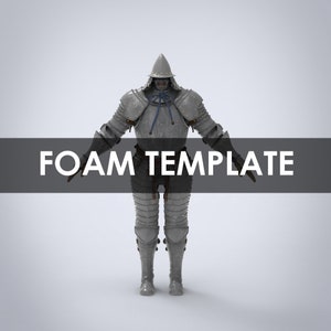 May include: A foam template of a knight in full armor, wearing a helmet with a pointed top. The template is gray and has a textured surface. The text "FOAM TEMPLATE" is printed across the bottom of the image.