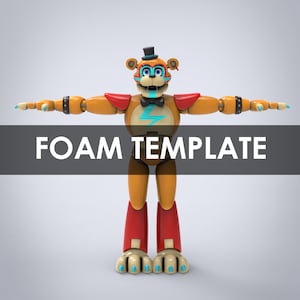 Puede incluir: Un robot de juguete con cuerpo marrón, brazos rojos y detalles azules. El robot lleva un sombrero de copa, una pajarita y un rayo en el pecho. El robot está de pie con los brazos extendidos. El texto "FOAM TEMPLATE" se muestra debajo del robot.