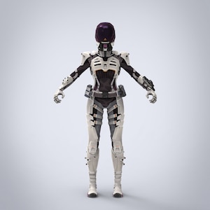 May include: A white and purple futuristic robot with a helmet and a gun. The robot is standing with its arms outstretched.