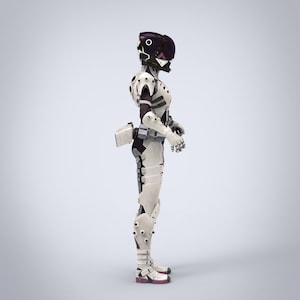 May include: A white and black futuristic robot suit with purple accents. The robot suit has a helmet with a visor and is standing on a light gray background.