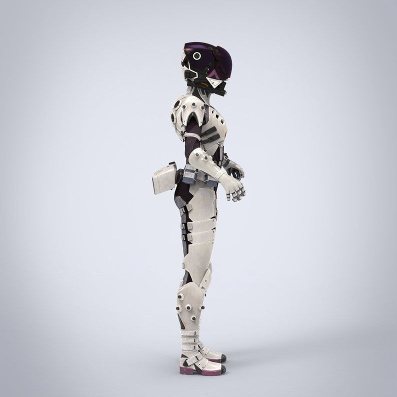 May include: A white and black futuristic robot suit with purple accents. The robot suit has a helmet with a visor and is standing on a light gray background.