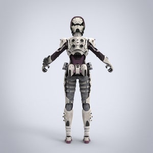 May include: A white and purple futuristic robot suit with a helmet. The suit has a detailed design with various panels and accents.