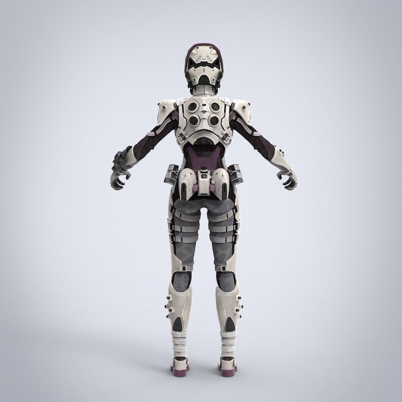 May include: A white and purple futuristic robot suit with a helmet. The suit has a detailed design with various panels and accents.
