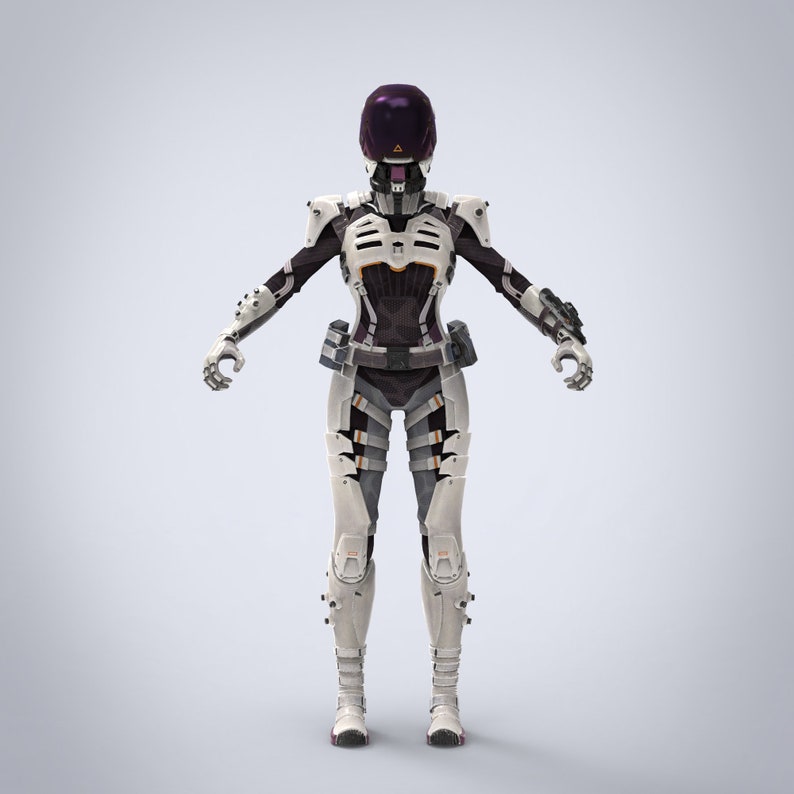 May include: A white and purple futuristic robot with a helmet and a gun. The robot is standing with its arms outstretched.