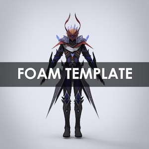 Pode incluir: Um personagem de fantasia vestindo uma armadura preta e azul com um capacete vermelho e branco. O personagem tem uma capa azul e branca e está segurando uma espada em cada mão. O personagem está em pé em um fundo branco.