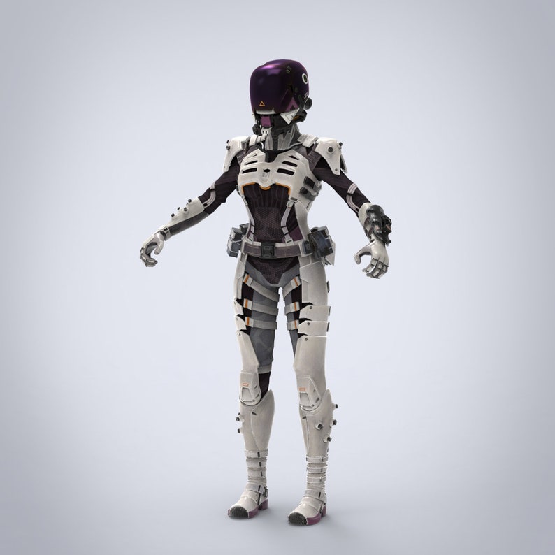 May include: A white and black futuristic robot suit with purple accents. The suit has a helmet with a visor and a black and white patterned chest piece.