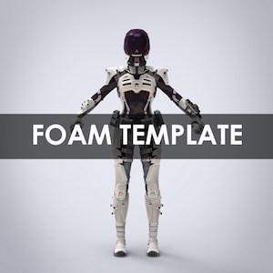 May include: A white and black futuristic robot with a purple helmet and orange accents. The robot is standing with its arms outstretched. The text "FOAM TEMPLATE" is displayed below the robot.