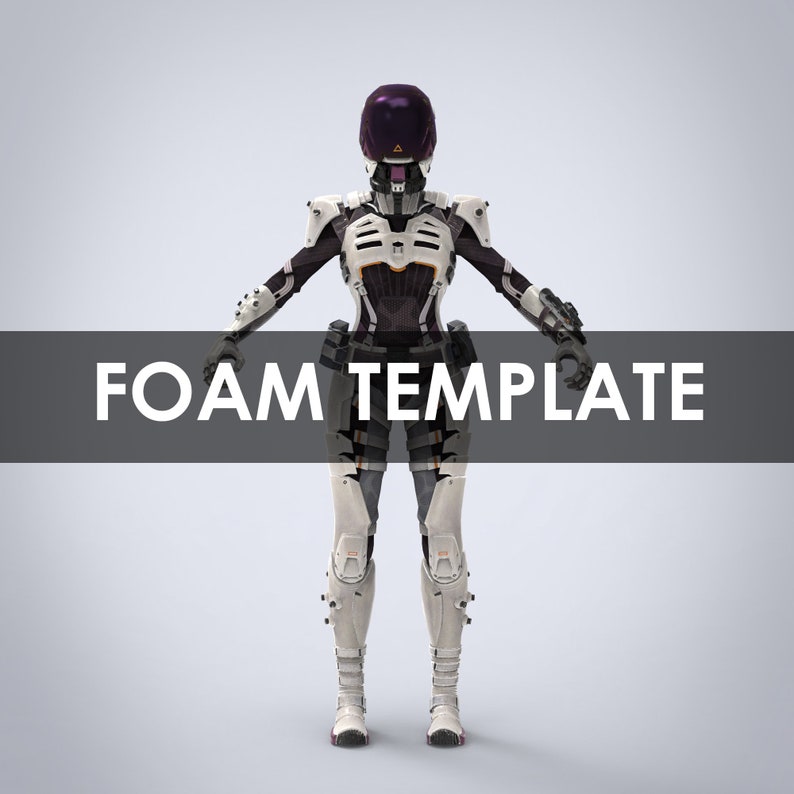 May include: A white and black futuristic robot with a purple helmet and orange accents. The robot is standing with its arms outstretched. The text "FOAM TEMPLATE" is displayed below the robot.