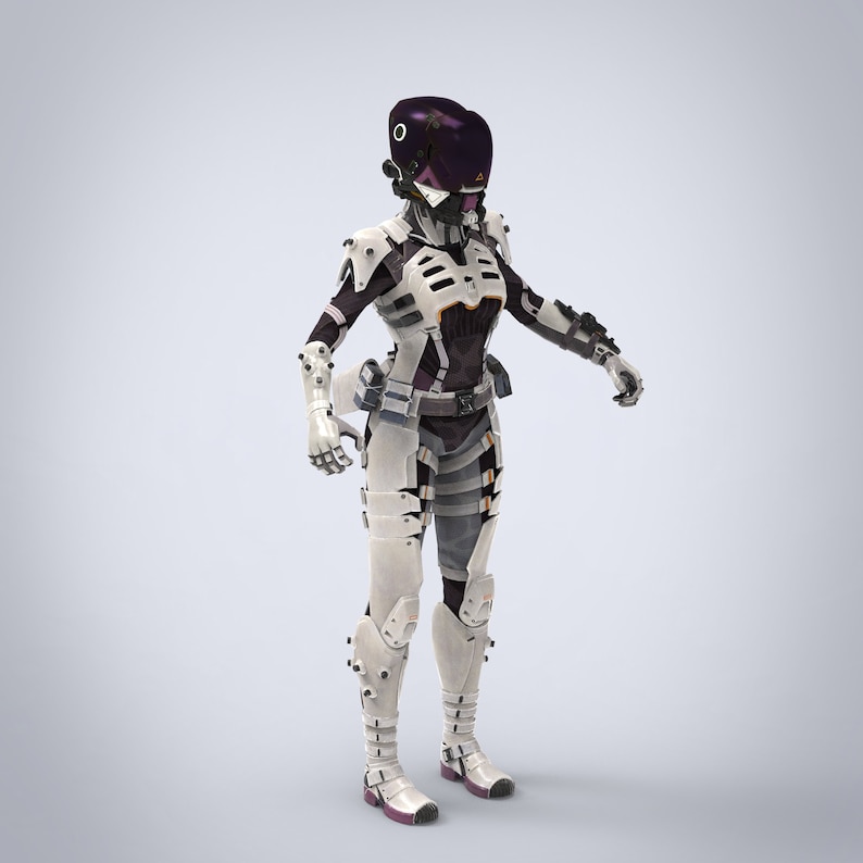 May include: A white and black futuristic suit with a purple helmet. The suit has a variety of details, including a belt, pouches, and a chest piece. The figure is standing on a light gray background.