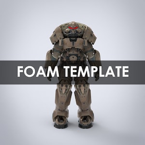 May include: A brown and gray robot wearing a helmet with red eyes. The robot is standing on a white background. The text "FOAM TEMPLATE" is displayed below the robot.
