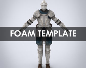 May include: A white foam template of a knight in full armour, with a helmet, gauntlets, and greaves. The knight is standing with arms outstretched, and the text "FOAM TEMPLATE" is displayed below the image.