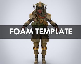 Może przedstawiać: Postać z gry Apex Legends, Bloodhound, ubrana w brązowy i zielony strój z czerwoną maską przeciwgazową i białym i brązowym kapeluszem. Postać trzyma broń i ma plecak.