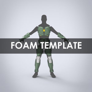 May include: A green and grey foam template for a costume, with the words "FOAM TEMPLATE" printed across the bottom.
