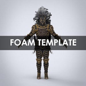 May include: A full suit of black and gold armor with intricate detailing, including a feathered headpiece. The text "FOAM TEMPLATE" is displayed across the image. The armor appears to be designed for cosplay or costume use.