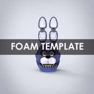 May include: A blue and white foam mask of a cartoon bunny with large ears. The mask has a wide smile and pink eyes. The text "FOAM TEMPLATE" is displayed above the mask.