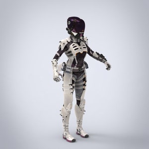 May include: A white and black futuristic suit with a purple helmet. The suit has a variety of details, including a belt, pouches, and a chest piece. The figure is standing on a white background.
