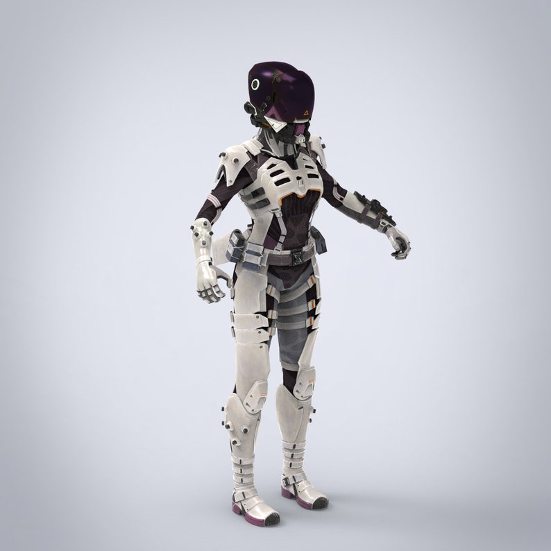 May include: A white and black futuristic suit with a purple helmet. The suit has a variety of details, including a belt, pouches, and a chest piece. The figure is standing on a white background.