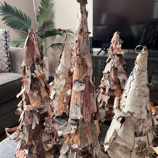Birch bark trees natural decoration or gift, woodland  Christmas tree cone, variety of sizes, for indoor mantle or tabletop unique wood tree
