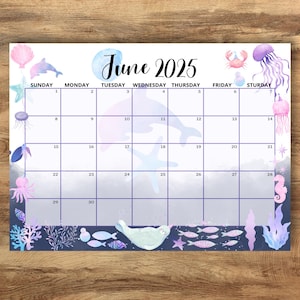 Calendario de junio de 2025 editable, planificador de verano con animales marinos, calendario mensual imprimible para niños, escuela, hogar, oficina, trabajo, descarga instantánea