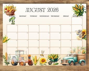Kalender AUGUSTUS 2026 bewerkbaar, zomer augustus 2026, afdrukbaar maandschema, zondag, maandag Start-kalender, USL-formaat, Instant Download