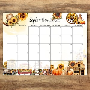 September 2026 Sunflower Calendar, Autumn Planner Printable, Editable Pdf, Monthly Schedule (Instant Download)